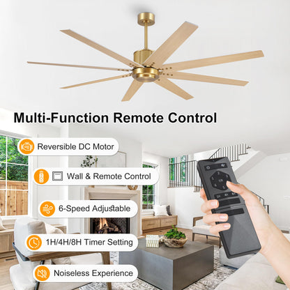 WINGBO 64" Ceiling Fan without Light, Modern Large Ceiling Fan with Remote Control, 6-Speed Reversible Noiseless DC Motor, Gold and White/Oak Blades for Living Room, Bedroom & Covered Outdoor