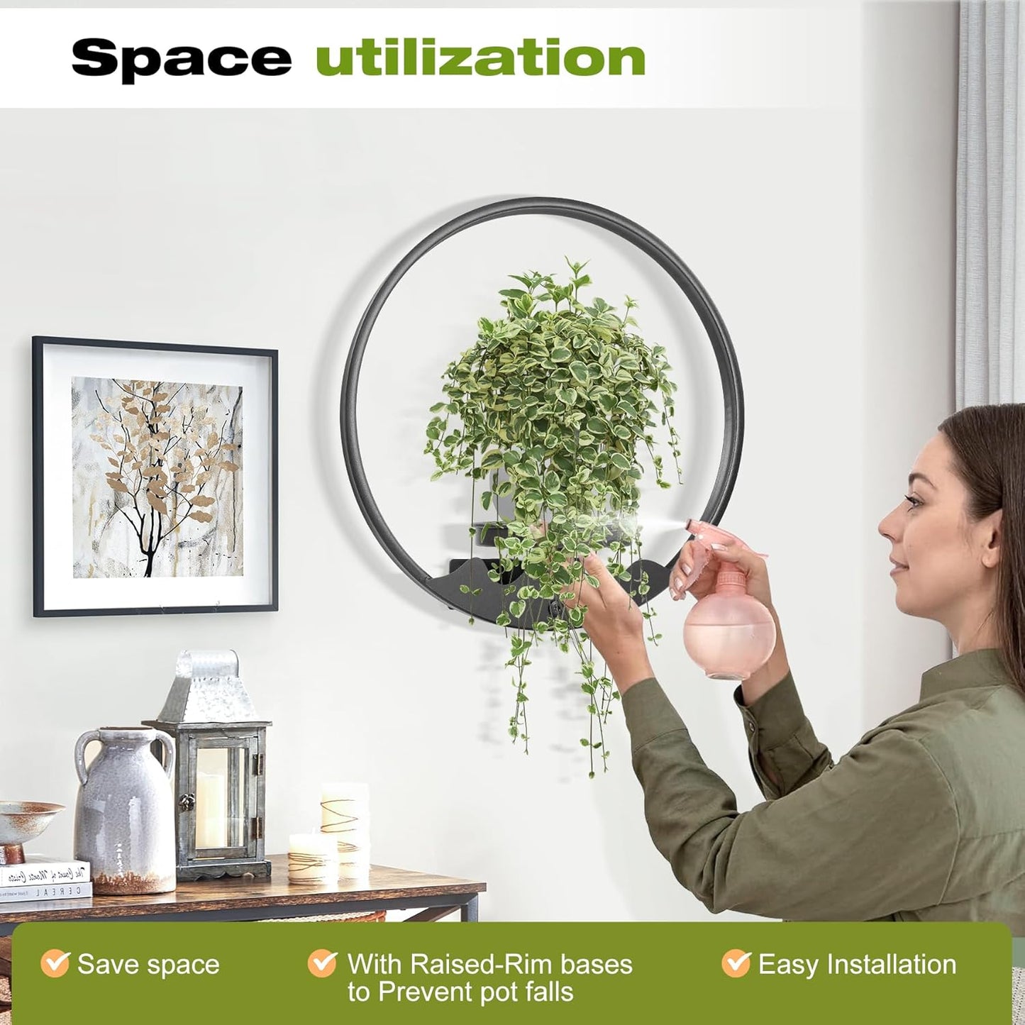 3 Pack Round Picture Frame Wall Plant Holder Black Wall Hanging Planters Metal Window Plants Shelf Plant for Indoor
