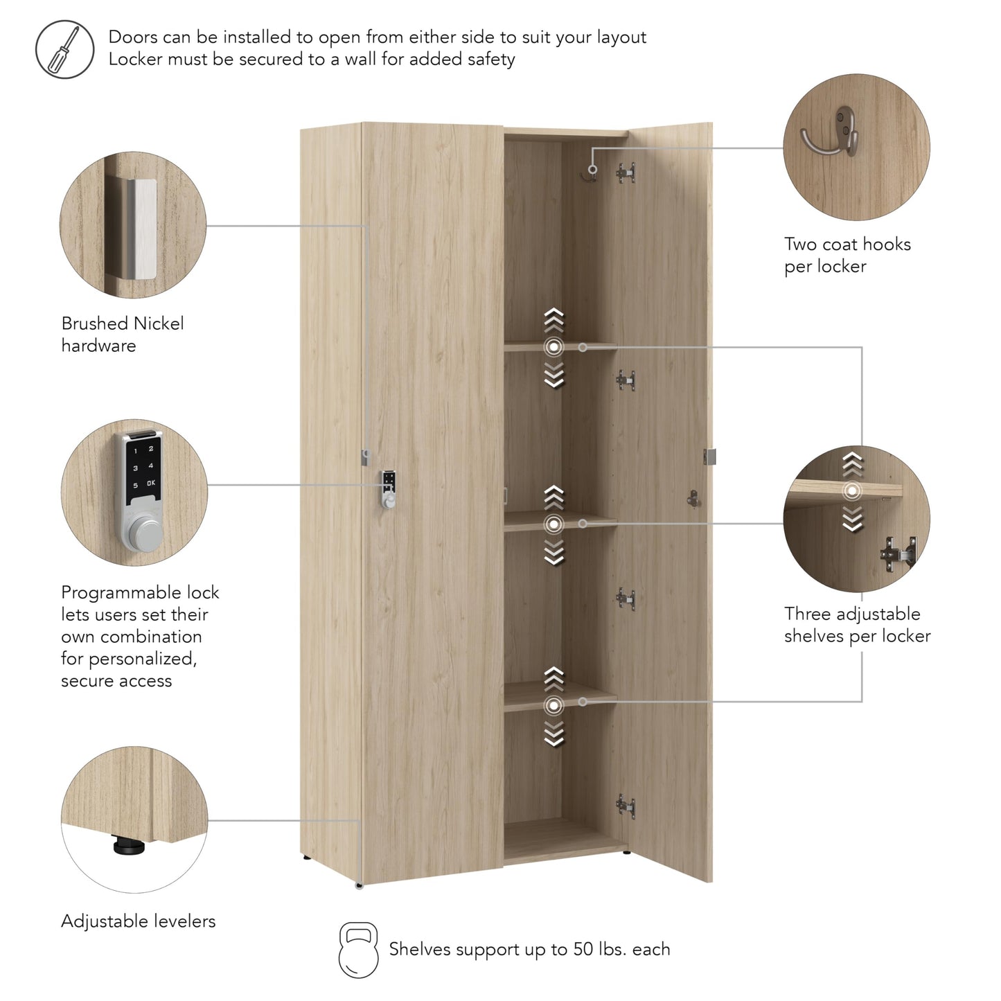 Bush Business Furniture Single Tier 2 Door Storage Locker with Keypad Locks, Office Furniture, Assure Collection, Natural Elm