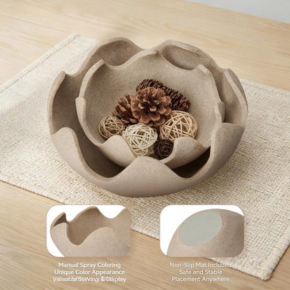 KEWOOL Wavy Decorative Bowl Home Decor - Set of 2 Modern Handmade Decorative Fruit Bowl for Kitchen Counter, Creative Centerpiece Decor for Entryway Table Coffee Table, Artificial Stone Beige