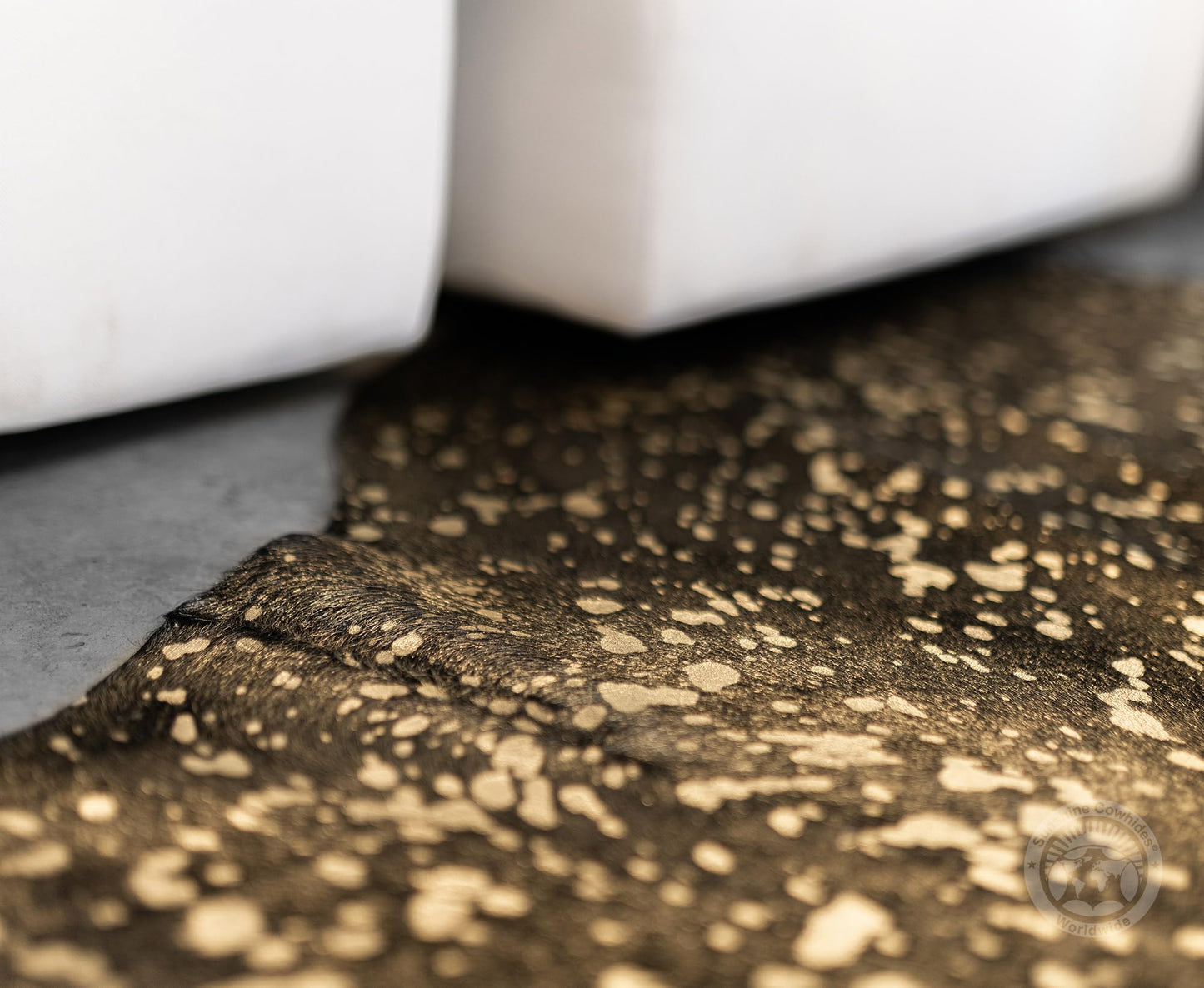 Sunshine Cowhides 100% Genuine Metallic Gold on Dyed Black Cowhide Rug - Modern Style Brazilian Animal Skin Rug & Floor Carpet for Living Room, Bedroom, Kitchen & More - Large (6x7-8ft)