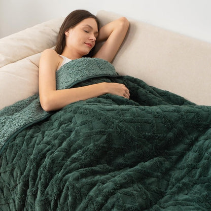 Wemore Weighted Blanket for Adults Twin Size 15 lbs, Dual Sided Soft Fuzzy Jacquard Sherpa Weighted Blankets for Sleeping, Cozy Fluffy Knitted Heavy Blanket for Couch Bed, Dark Green, 60 x 80 inches