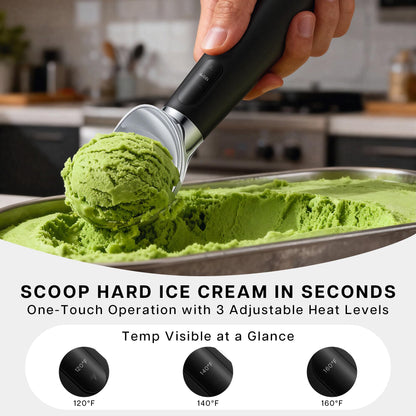 VRAIKO Heated Ice Cream Scoop | Electric Icecream Scooper with 3-Level Adjustable Heats - 120/140/160℉, LED Display, 2600mAh Capacity, Rechargeable | for Hard Ice Cream and More (Black)