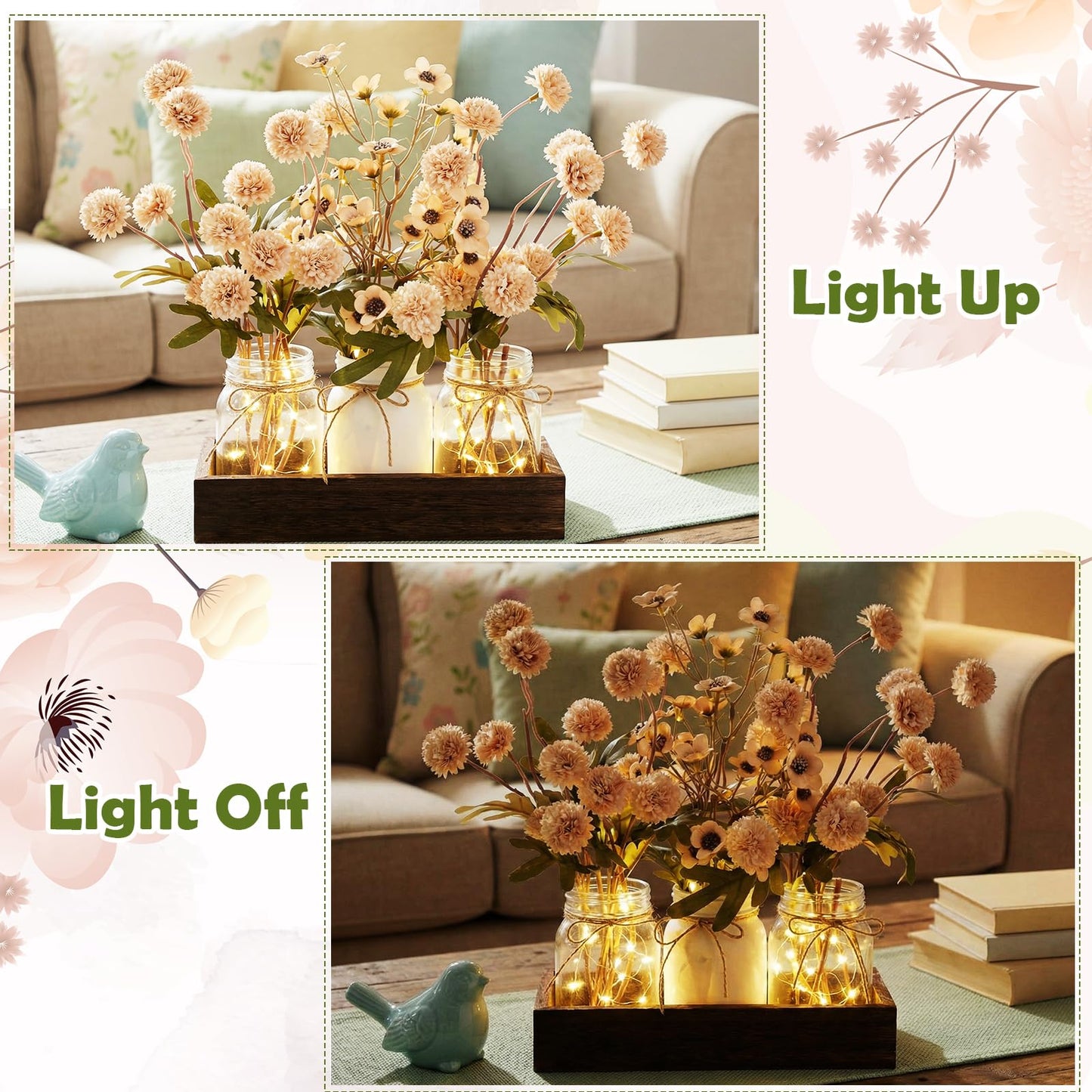 Suncalla 3 Pcs Summer Mason Jar Centerpiece Table Decorations Khaki Faux Kiku Flowers Decorations with Wood Tray and LED Light for Dining Kitchen Bathroom Farmhouse Coffee Table Decor