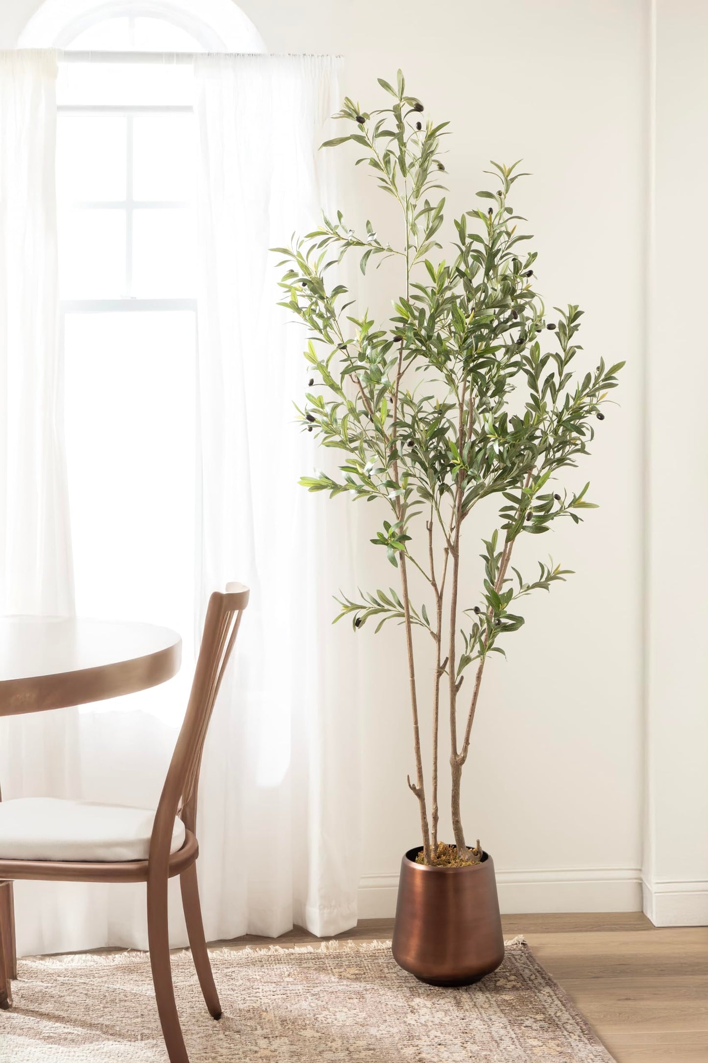 Kate and Laurel Oliveira Faux Olive Tree with Portell Metal Planter Pot, 7 FT, Bronze, Potted Artificial Olive Plant Tree with Realistic Foliage and Added Moss, Fake Plant Living Room Decor