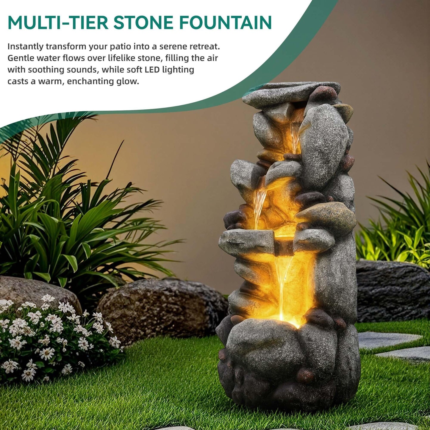 Utym 40" H Oversized Rock Outdoor Fountain with Warm LED Lights, 3-Tier Extra-Large Stacked River Pebbles Waterfall, Weather-Resistant Resin Feature for Garden Patio Yard