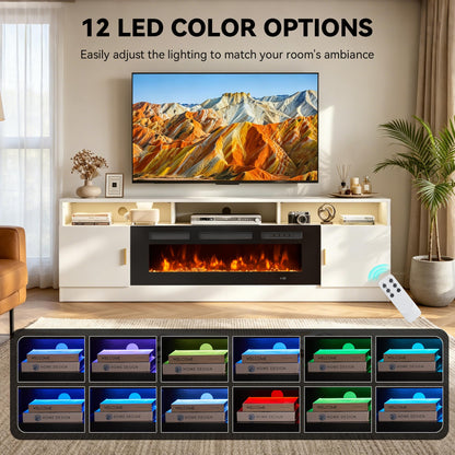 OneBlis 70" Fireplace TV Stand with Power Outlet, Electric Fireplace Entertainment Center with Storage Cabinets, Fits TVs up to 80", TV Console with LED Lights for Living Room, Office, White-Black