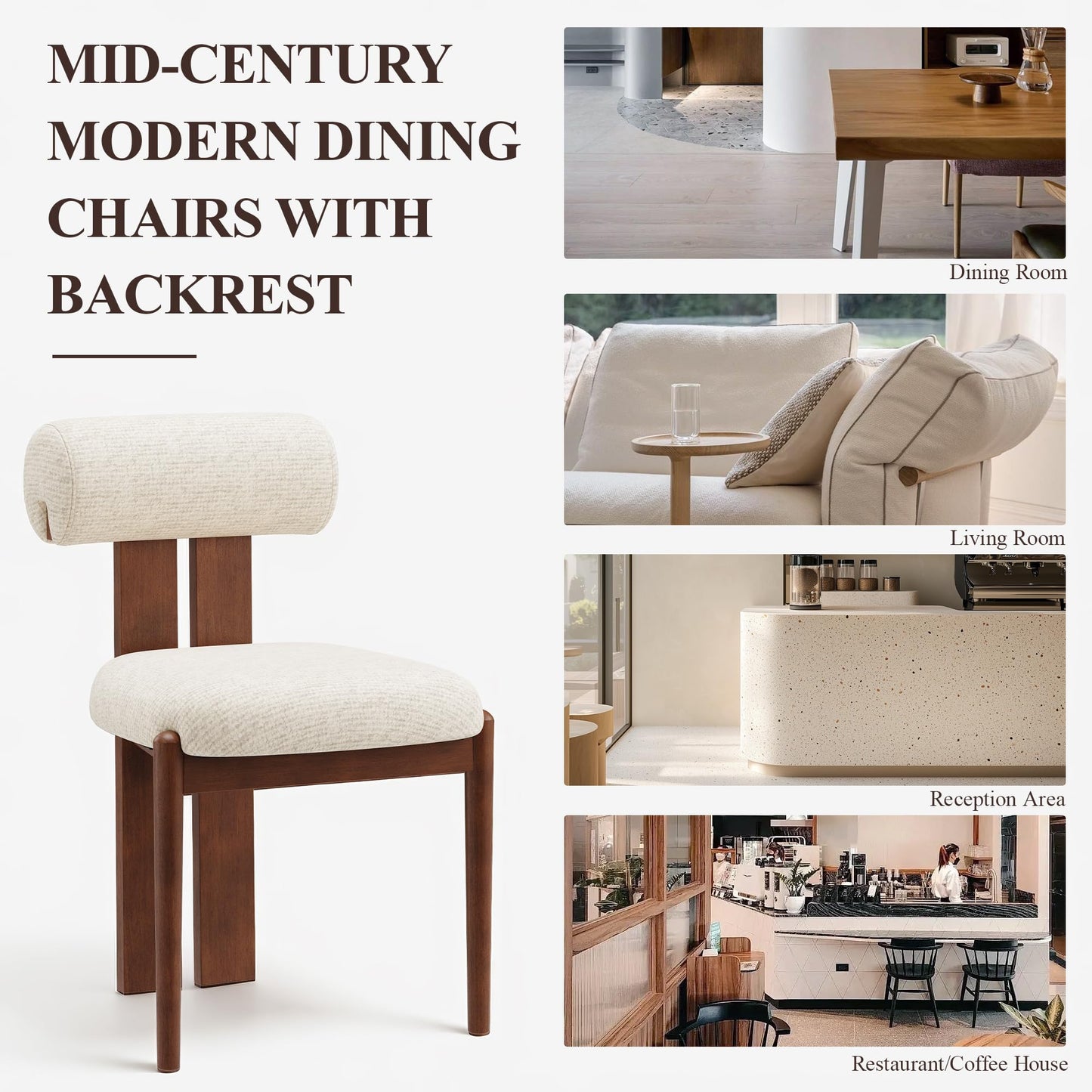 MALOL Modern Wooden Dining Chairs Set of 6, Upholstered Fabric Kitchen Chairs with Sculptural Backrest, Mid-Century Farmhouse Dining Room Chairs with Solid Wood Legs, Beige