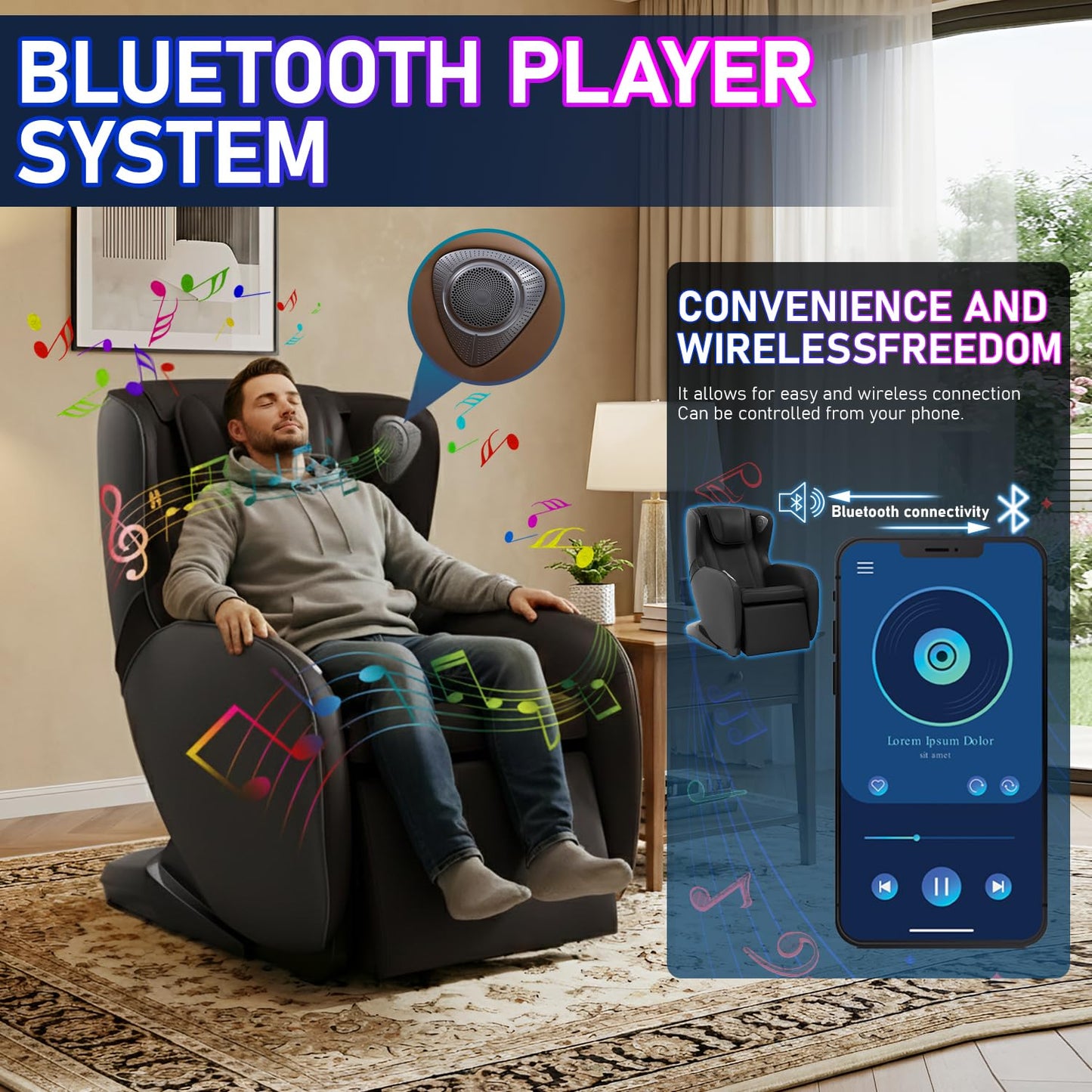 BestMassage Full Body Massage Chair,Speed Adjustment Zero Gravity Massage Ergonomic Armrest Chair with LED Ambient Lighting, Manual Control Panel Bluetooth Music and Movable Casters (Black)