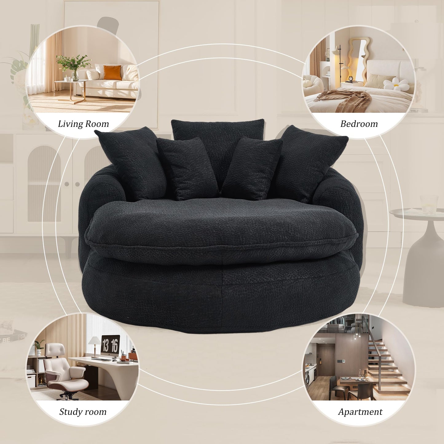 Oversized Oval Bean Bag Sofa, Chenille Fabric Floor Lounger with 5 Pillows and Wrap-Around Backrest for Adults, Large Lazy Sofa for Living Room and Game Room, Black