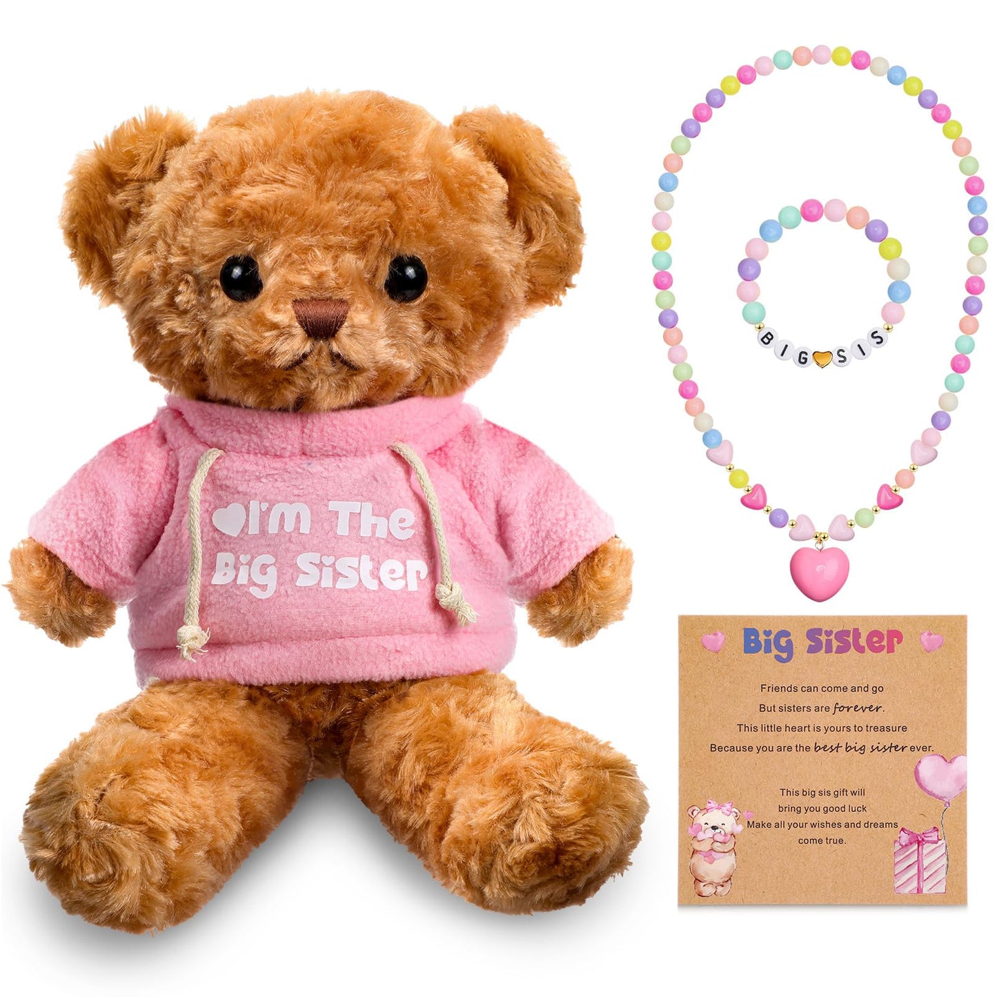Taiyin 5 Pcs Big Sister Gift Set Big Sister Bear with Colorful Bracelet Necklace Jewelry Pink Stuffed Animal Bear Doll Toy Gift for Who Promoted with Beautiful Greeting Card and Box