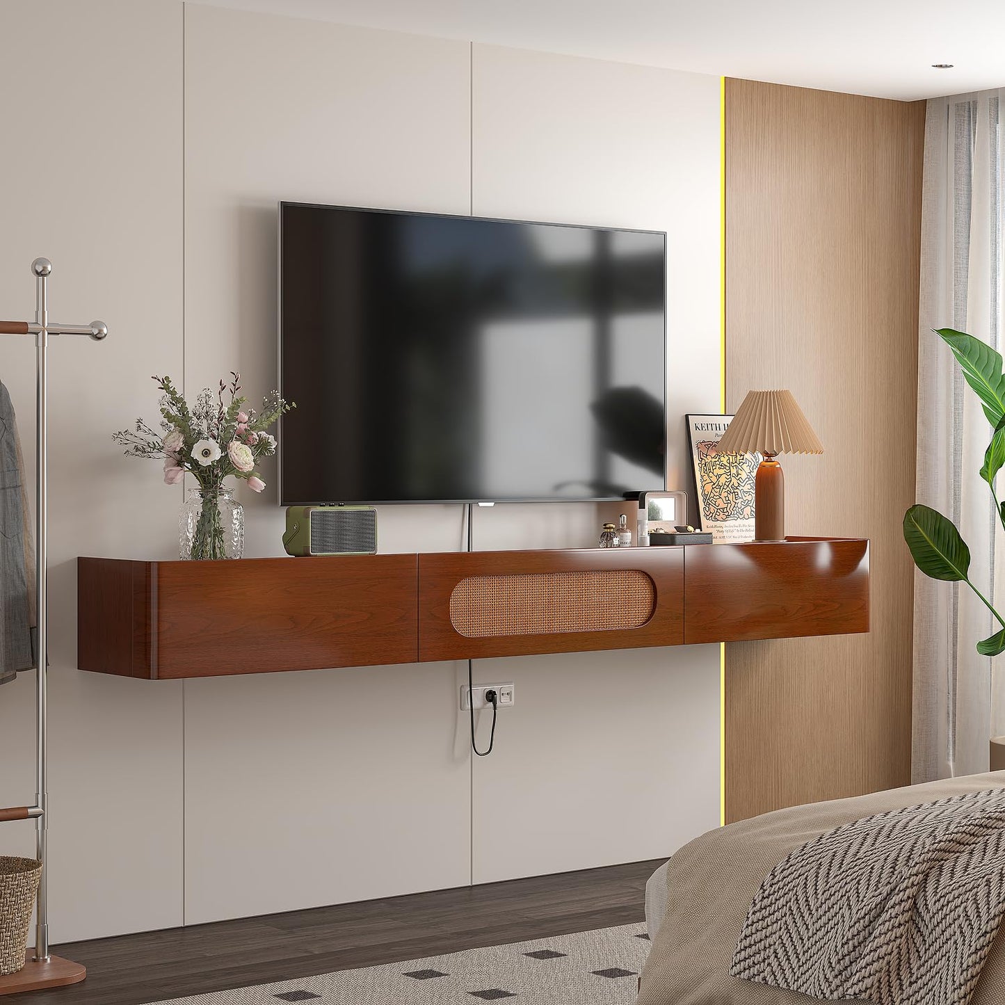 FurniNova Fully Assembled Floating TV Stand Wall Mounted 47'',High Gloss Floating Media Console with 2 Drawers & Rattan Door, Under TV Shelf for Living Room Bedroom Entertainment Center,Walnut