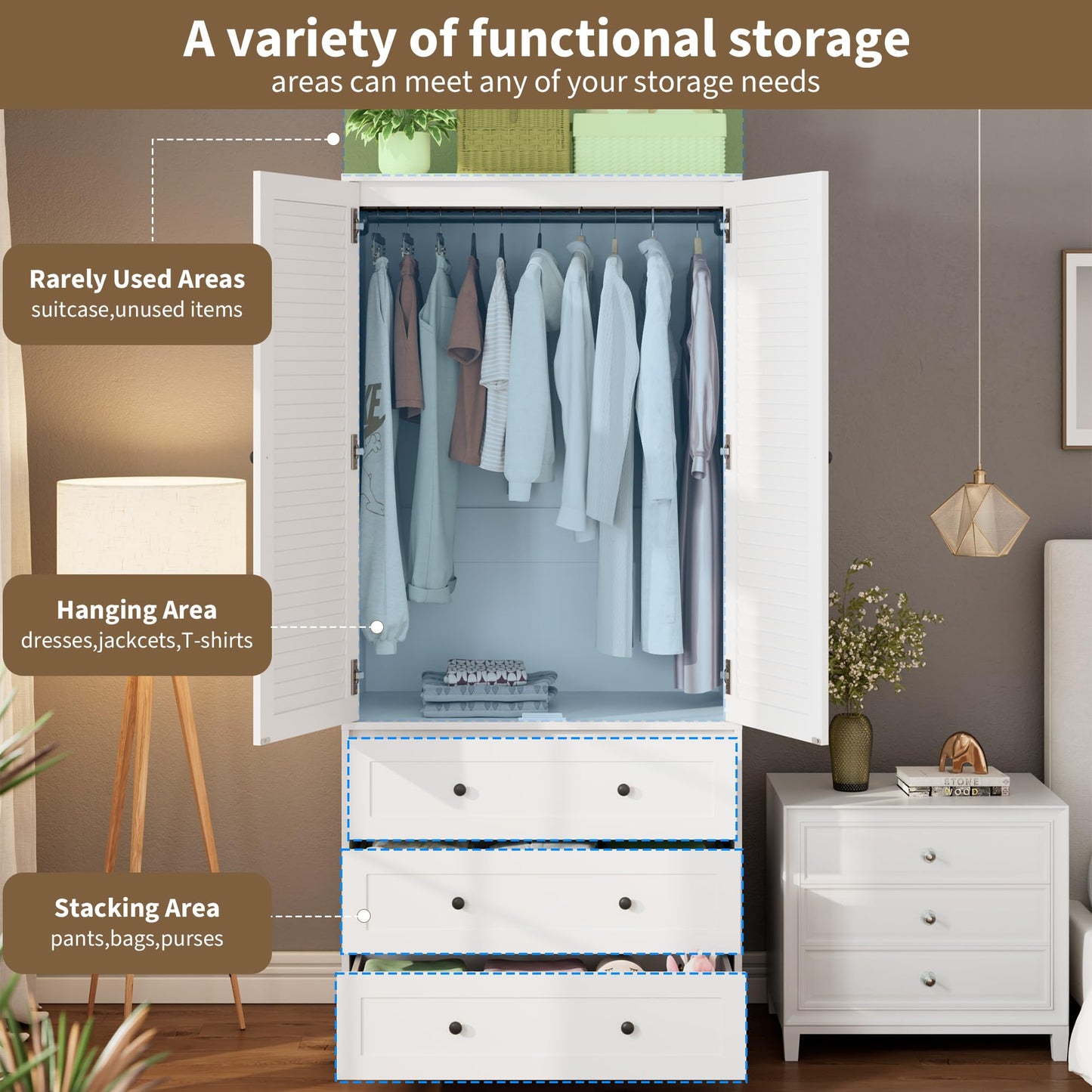 GarveeHome Armoire Wardrobe Closet with Drawers, 69.5 in Wooden Wardrobe Cabinet with Hanging Rod, 2 Doors Clothing Storage Cabinet for Bedroom, Large Capacity Storage, Louvered Door, White