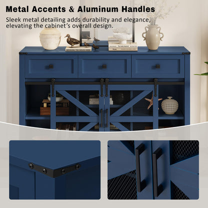 GDFStudio 55" Farmhouse Buffet Cabinet with Sliding Barn Mesh Doors & 3 Drawers, Sideboard Storage Cabinet with Adjustable Shelves, Coffee Bar Cabinet Credenza for Dining Room Living Room, Navy Blue