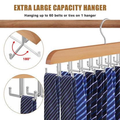 Cycleacc Tie Rack Hanger for Closet, 2 in 1 Belt Tie Hangers with 20 Folding Hooks, 360 Degree Rotating Wooden Tie Holder Organizer for Men Ties Belts Scarves Tank Tops Accessories, Wood (1 Pack)