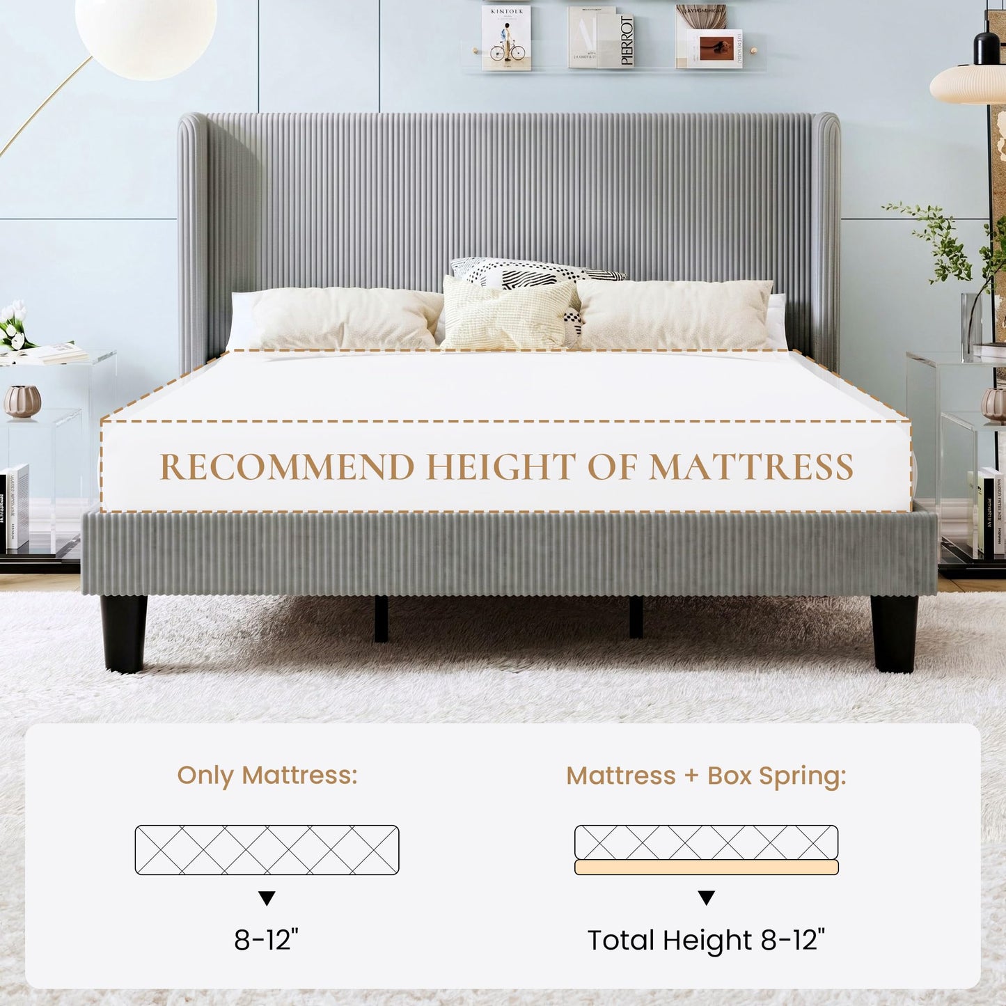 SHA CERLIN King Size Corduroy Upholstered Platform Bed Frame with Vertical Channel Tufted Wingback Headboard, 8" Under Bed Storage, Wooden Slats & Metal Frame Support, Easy Assembly, Light Grey