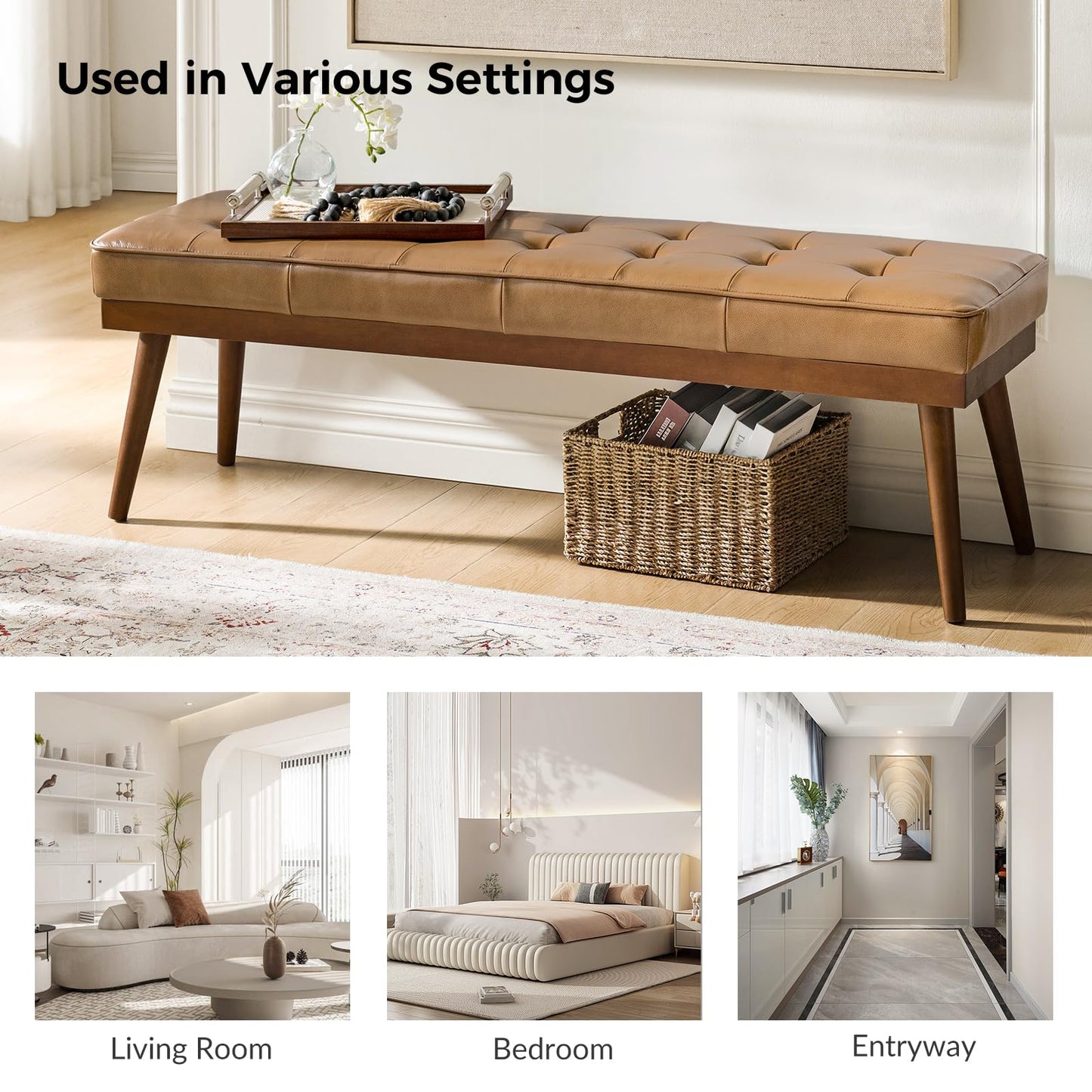 HULALA HOME 55.5" Genuine Leather Bench, Button-Tufted Entryway Bench with Solid Wood Legs, Upholstered End of Bed Bench for Bedroom, Camel