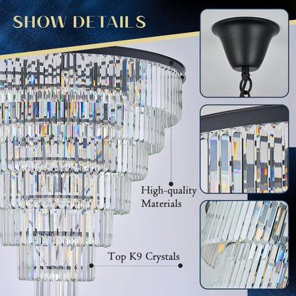MERINEA Large Black Crystal Chandelier 36" Round Chandeliers for Staircase Modern 22 Lights 7-Tier Luxury K9 Crystal Ceiling Pendant Lighting Fixture for High Ceiling Living Room Foyer