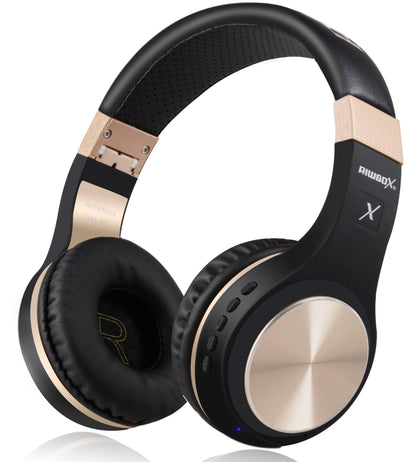 Riwbox Bluetooth Headphones, XBT-80 Folding Stereo Wireless Bluetooth Headphones Over Ear with Microphone and Volume Control, Wireless and Wired Headset for PC/Cell Phones/TV/Gym (Black Gold)