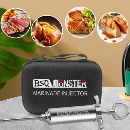 BSQ MONSTER Meat Injector Syringe Kit with 4 Professional Marinade Injector Needles and Travel Case for BBQ Grill Smoker, Turkey, Brisket; 2-oz Capacity; Paper User Manual and E-Book (PDF)