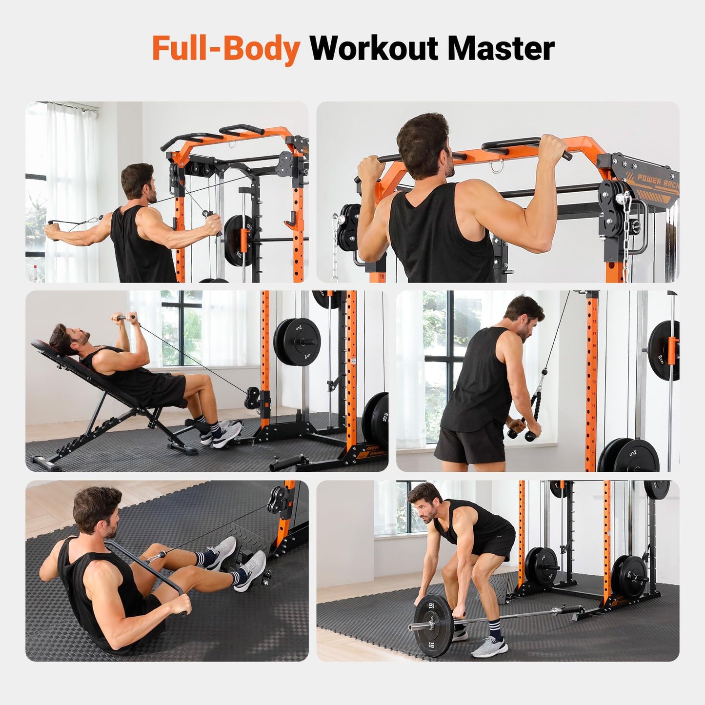 YOLEO Smith Machine with Independent Dual-Pulley System, 1800LBS Adjustable Cable Crossover Squat Rack, Multi-Functional Power Cage for Home Gym with More Workout Equipment LAT Pulldown Bar & Dip Bar