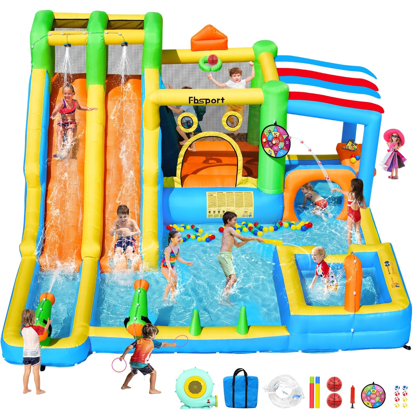 FBSPORT Inflatable Bounce House Double Water Slide,11 in 1 Inflatable Water Slide Park with 680W Blower, Splash Pool, Climbing Wall, Bouncy Castle for Indoor Outdoor Backyard