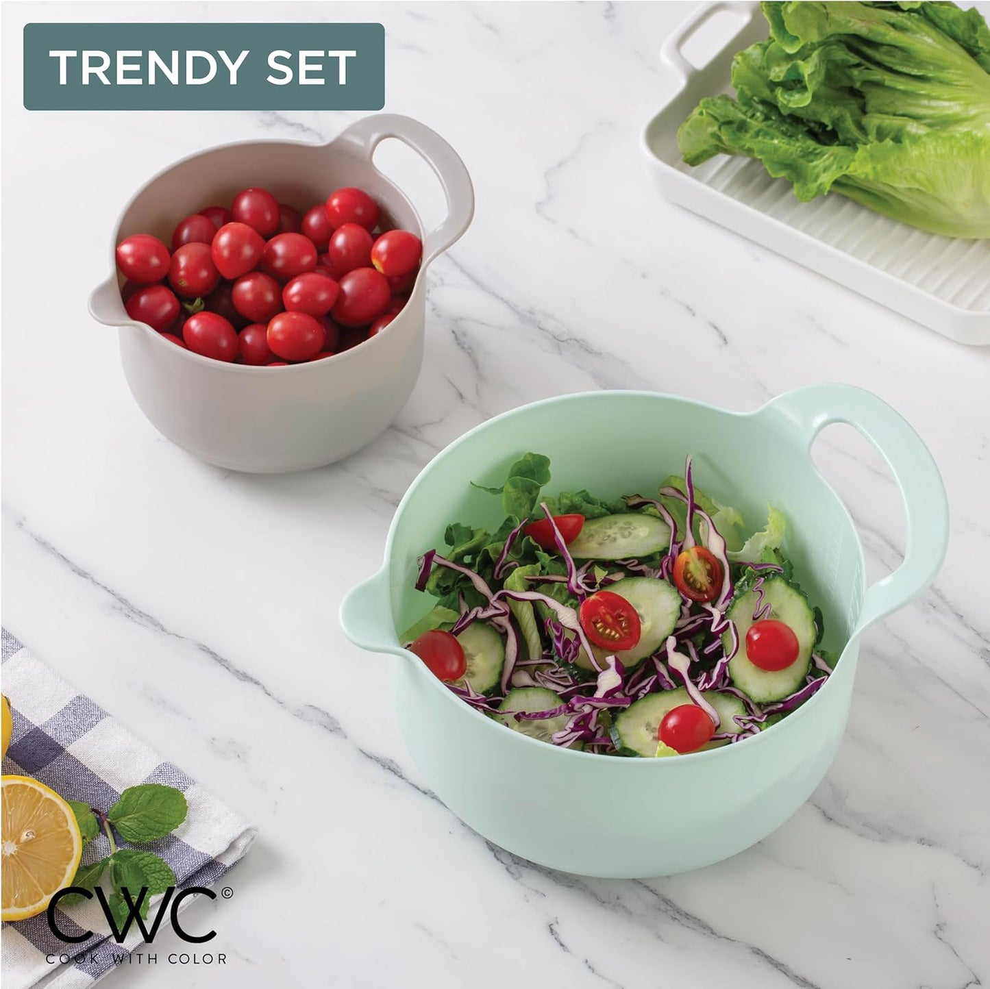 COOK WITH COLOR Non-Slip Mixing Bowls - 4 Piece Nesting Plastic Set with Pour Spouts, Handles, and Measurement Markings