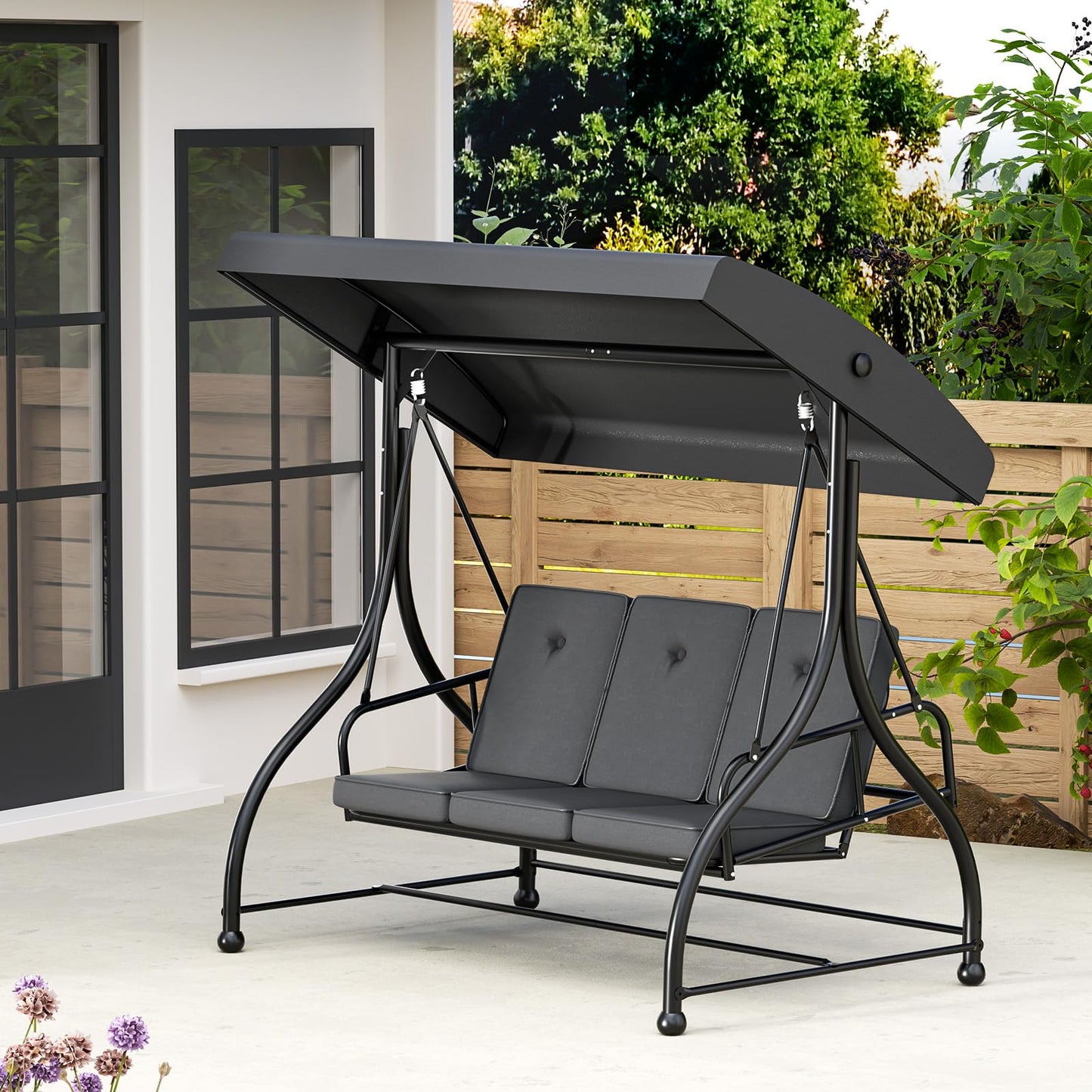3-Seat Outdoor Porch Swing Glider with Adjustable Canopy, Patio Swings Bed with Removable Cushion for Porch, Backyard, Garden, Poolside, Balcony - Gray