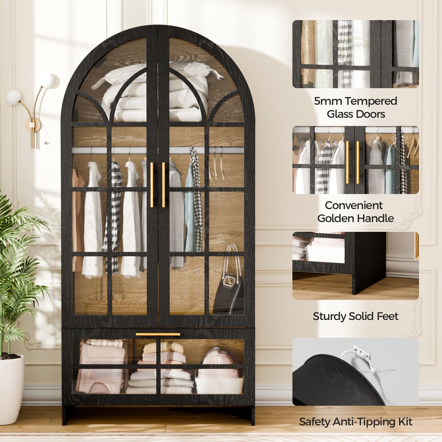 Topcomfy Armoire Wardrobe Closet with Drawer, 71”Tall Arched Wardrobe Cabinet with Hanging Rod&Glass Door – Wooden Freestanding Clothing Storage Cabinet Closet Organizer for Bedroom, Entryway or Dorm