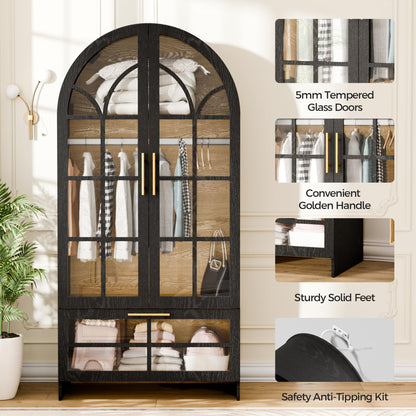 Topcomfy Armoire Wardrobe Closet with Drawer, 71”Tall Arched Wardrobe Cabinet with Hanging Rod&Glass Door – Wooden Freestanding Clothing Storage Cabinet Closet Organizer for Bedroom, Entryway or Dorm
