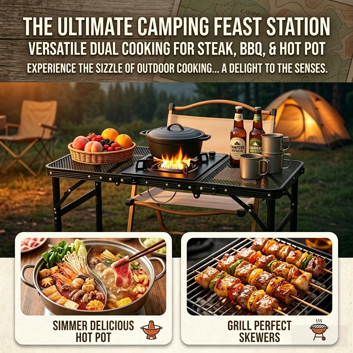 Portable Folding Aluminum Camping Table — IGT-Compatible Modular Camp Kitchen Table, Carbon Steel Mesh Top with Tactical Hooks & Carry Bag, for Camping Picnic Tailgating BBQ Outdoor Cooking
