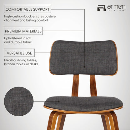 Armen Living Jaguar Mid-Century Dining Chair in Walnut Wood and Charcoal Fabric - Set of 4