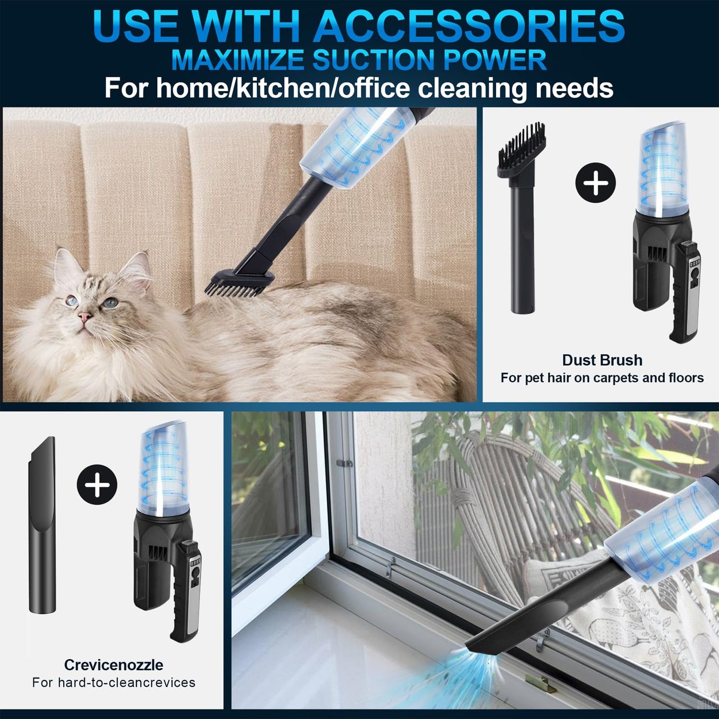 RSAOENF Handheld Vacuum Cordless Car Vacuum Cleaner with LED Light, High Power Suction, Portable Lightweight Rechargeable Hand Vacuum for Car, Home, Pet, Office