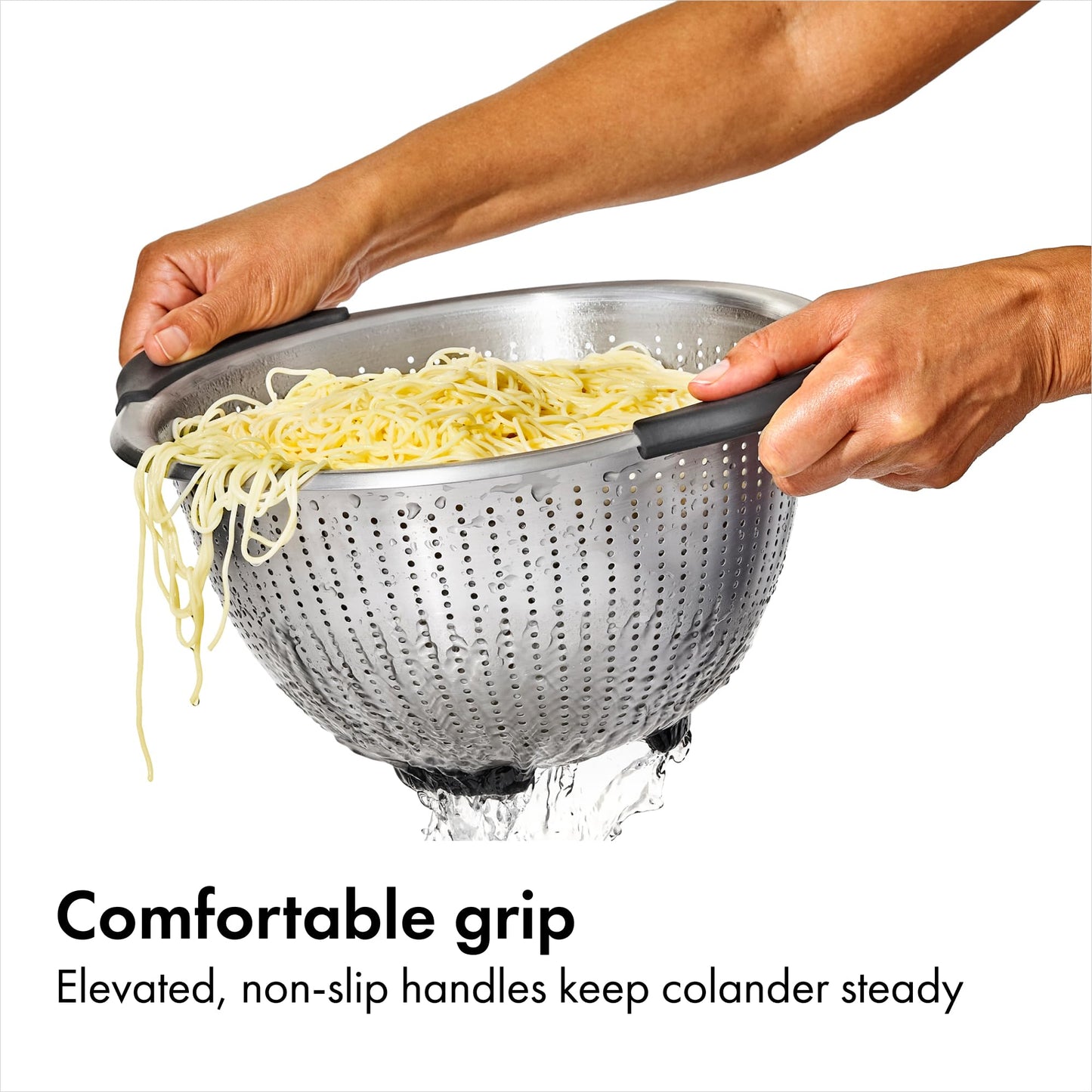 OXO Good Grips Stainless Steel Colander, 5 qt. Capacity, Strainer with Non-Slip Handles, Kitchen Colander for Pasta and Vegetables, Nesting Stainless Steel Strainer and Sieve
