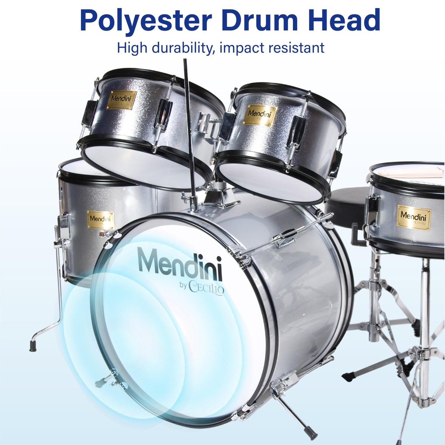 Mendini by Cecilio Drum Set, 5 Piece 16 Inch Junior Drums Kit with Bass, Toms, Snare Drum, Cymbal, Hi-Hat, Drumsticks & Seat for Beginner (Metallic Silver)