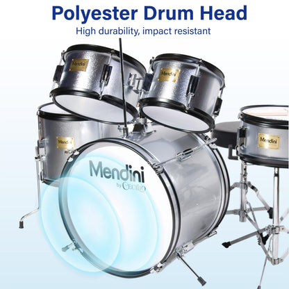 Mendini by Cecilio Drum Set, 5 Piece 16 Inch Junior Drums Kit with Bass, Toms, Snare Drum, Cymbal, Hi-Hat, Drumsticks & Seat for Beginner (Metallic Silver)