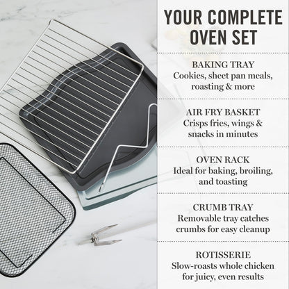 Martha Stewart French Door Air Fryer Toaster Oven Combo, 34QT Countertop Convection, 12-in-1, Bake, Broil, Roast, Fits 12” Pizza, Dehydrate, 5 Accessories, Air Fry Basket, Stainless Steel, Caviar Gray