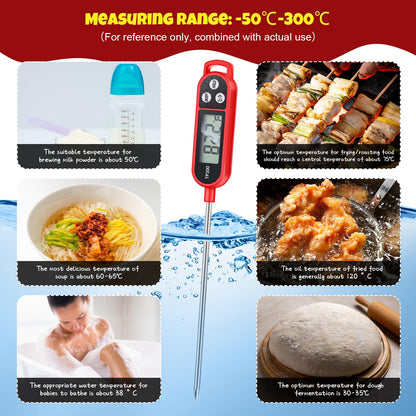 6 Pcs Instant Read Meat Thermometer with Long Probe 9.65 Inch Kitchen Cooking Food Candy Waterproof Digital Thermometer for BBQ Water Milk Yogurt Liquid (Round&Square Ring,Black,White,Red)