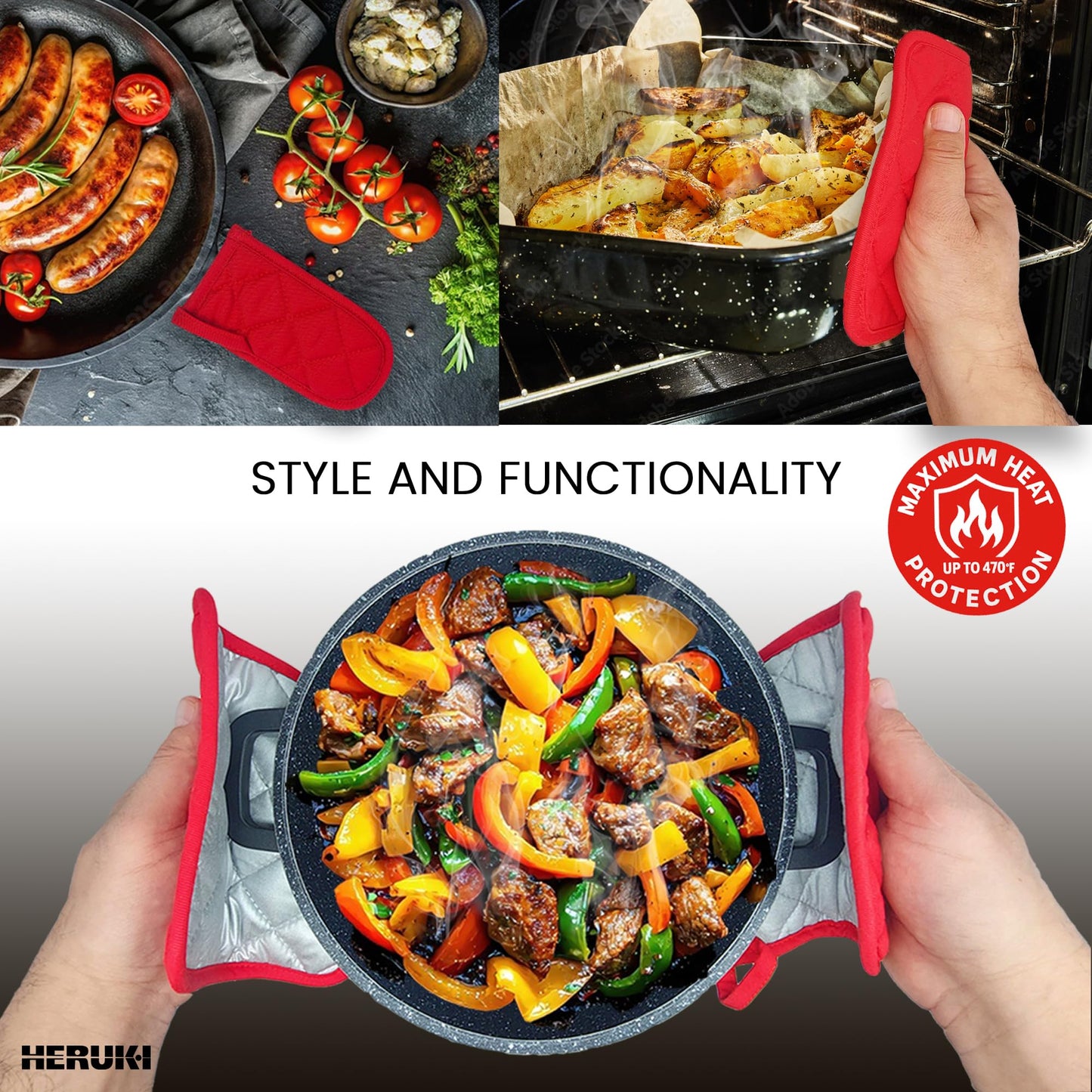 HERUKI Double Skewers Plus 2 Heat-Resistant Cast-Iron Handle Sleeves and 2 Potholders Bundle Premium Grill Kitchen Accessories for Kabob, Shawarma, Meat Fish Chicken BBQ Gift Set