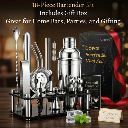 ARTFLY Cocktail Shaker Set, 18-Piece Bartender Kit with Acrylic Stand, 18/8 Stainless Steel Bar Set with Martini Shaker, Jigger, Muddler & Recipe Book for Home Bar