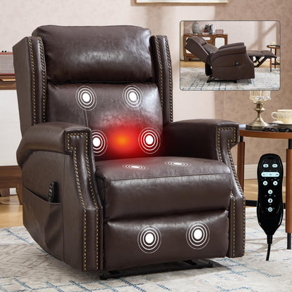KEIKI Mid Century Modern Oversized Recliner Accent Chair for Adults, Manual Leather Recliner Chair with Back Massager and Heating for Living Room, Rocking Chaise Lounge Chair Indoor, Antique Brown