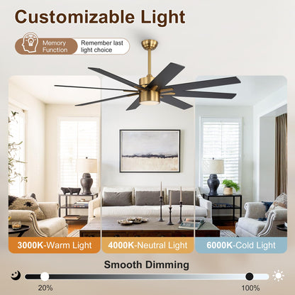 WINGBO 64 Inch Ceiling Fan with Light - 8 Plywood Blades, 6-Speed Reversible DC Motor, Noiseless Remote Control Ceiling Fans with Lights for Bedroom Living Room Kitchen, Gold and Walnut/Black