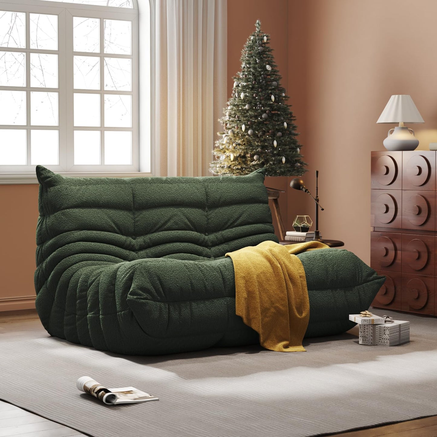 Comfy Memory Foam Loveseat Bean Bag Chair for Adults - Teddy Fleece Fireside Accent Chair for Reading, Lazy Floor Sofa Couch Boneless Chaise Lounge for Living Room Bedroom Home Theater, 2 Seater