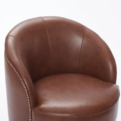 GDFStudio Hayezf Top-Grain Leather Swivel Chair, 360° Swivel Accent Chair with Chesterfield Studs, Mid-Century Modern Lounge Seating for Living Room & Office, No Assembly Required, Brown