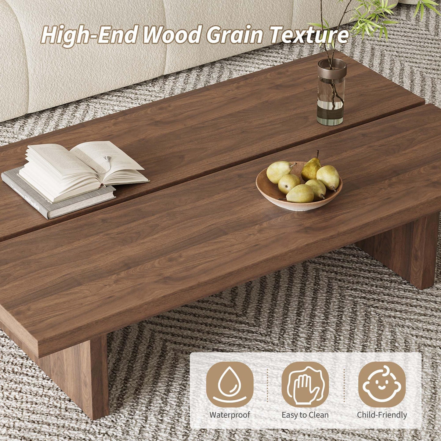 47" Rectangular Walnut Grain Coffee Table - Minimalist Modern Coffee Tables for Living Room, Japanese Tea Table, Low Profile Center Table for Home & Office (Brown)