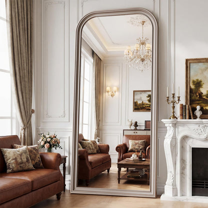 FlyEcho Full Length Mirror with Stand, 71"x32" Full Body Mirror, Floor Length Mirrors Wall Mounted with Rounded Top, Large Standing Mirrors, PU Frame, for Bedroom Living Room Cloakroom, Antique Sliver