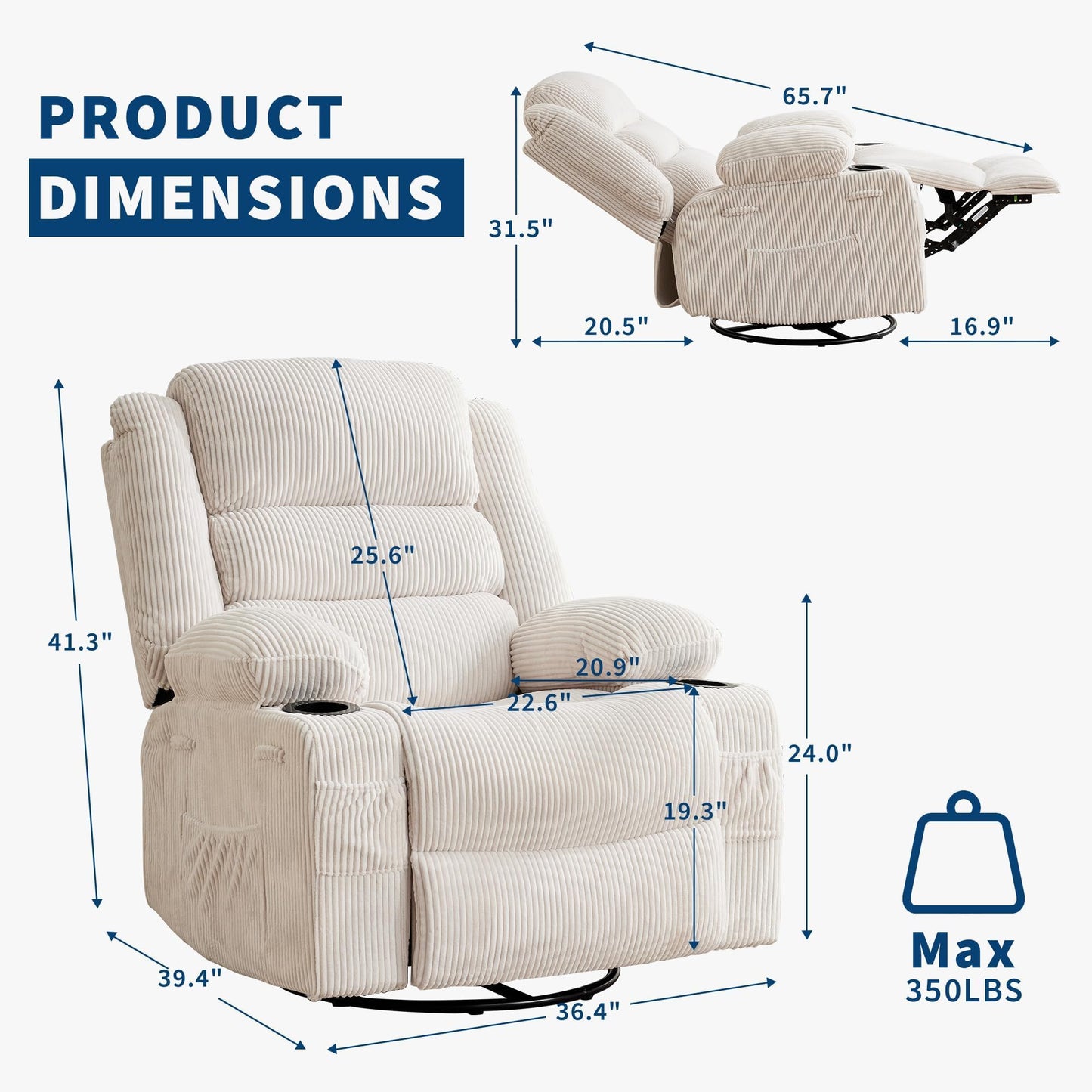 Rocking Recliner Chair for Adults Corduroy Wide Upholstered Glider Recliner with Cup Holder Deep Seat Single Sofa Rocker Chair for Nursery Living Room