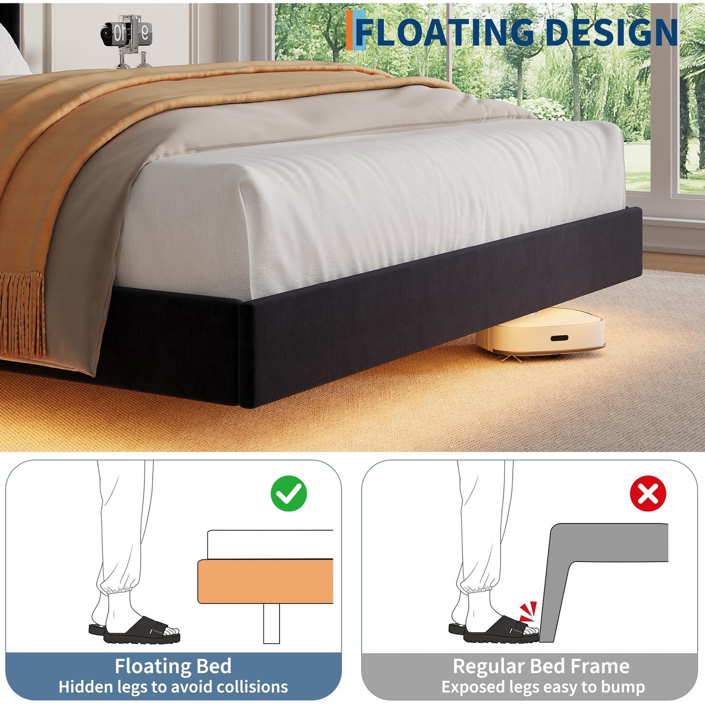 GAOMON Floating Bed Frame Full Size with LED Lights, Velvet Upholstered Platform Full Bed Frame with Wingback Storage Headboard, No Box Spring Needed, Easy Assembly, Black