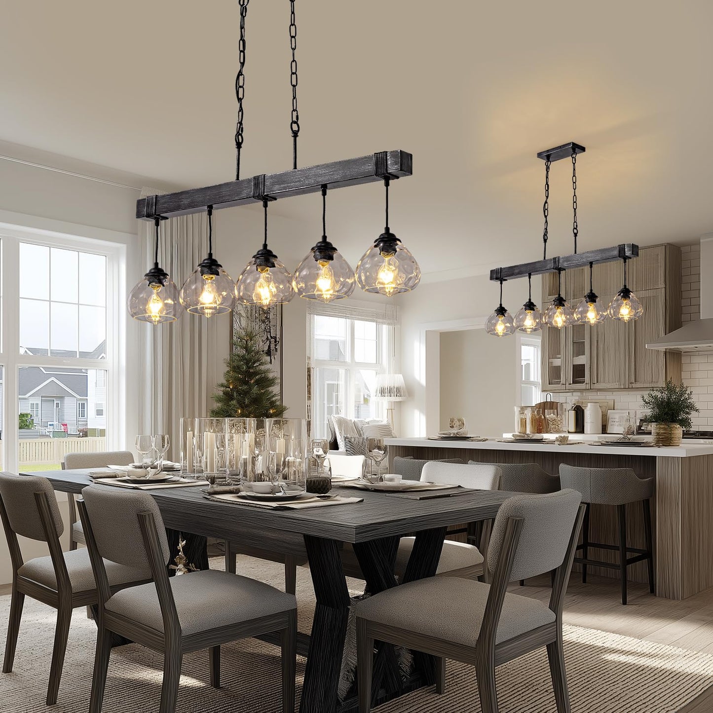 7PMBEANE Linear Chandelier for Dining Room, Modern 5-Light Kitchen Island Lighting,Black Farmhouse Linear Chandelier with Glass Shades, L39IN+W5.5IN+H7.9IN