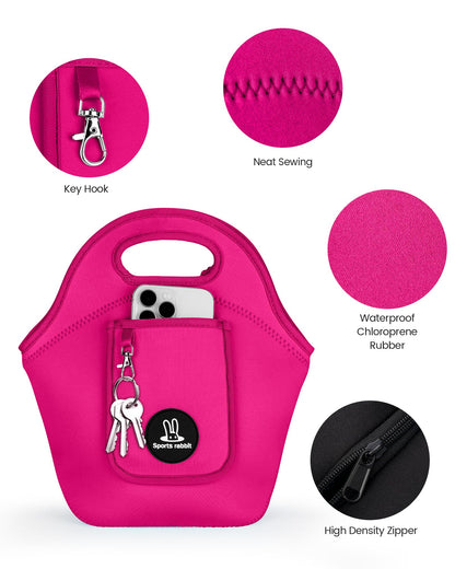 Sports rabbit Small Neoprene Lunch Bags for Women & Adults - Insulated Reusable Lunch Tote, Soft Foldable Lunch Box, Water-Resistant & Machine Washable Cooler Bag for Work, Travel, Picnic (Rose Red)